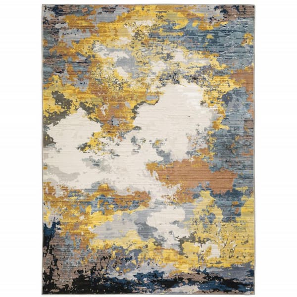 HomeRoots 3' X 5' Yellow Gold Blue Grey Brown And Beige Abstract Power Loom Stain Resistant Area Rug