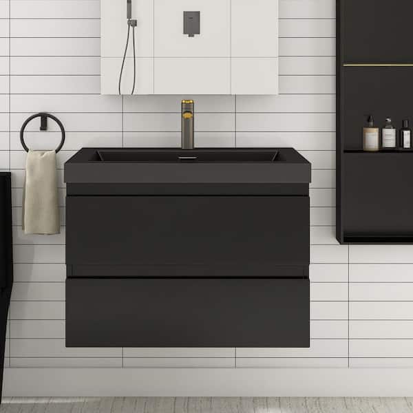 Boosicavelly 30 in. W x 19.69 in. D x 21 in. H Single Sink Wall-Mounted Bathroom Vanity Set in Black with Black Resin Top