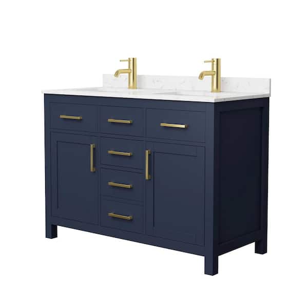 Wyndham Collection Beckett 48 in. W x 22 in. D x 35 in. H Double Sink Bathroom Vanity in Dark Blue with Carrara Cultured Marble Top