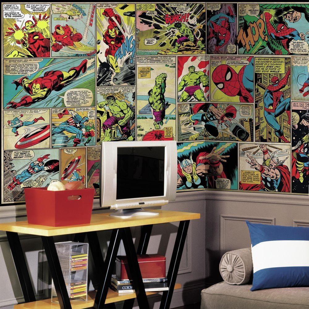 Pvc Panel Marvel RoomMates 72 in. W x 126 in. H Marvel Comic Panel XL Chair Rail 7-Panel ...