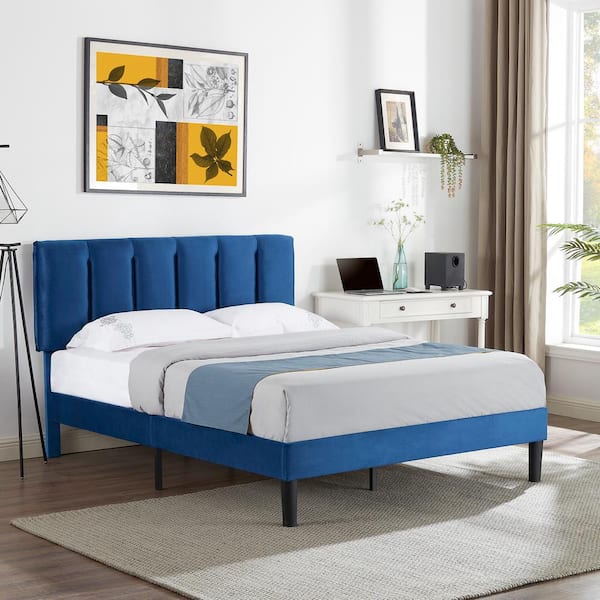 2 Pieces Bedroom Furniture Set,Queen Size Upholstered Bed Set with One  Nightstand,Velvet Platform Bed with line Stripe Wingback Headboard for