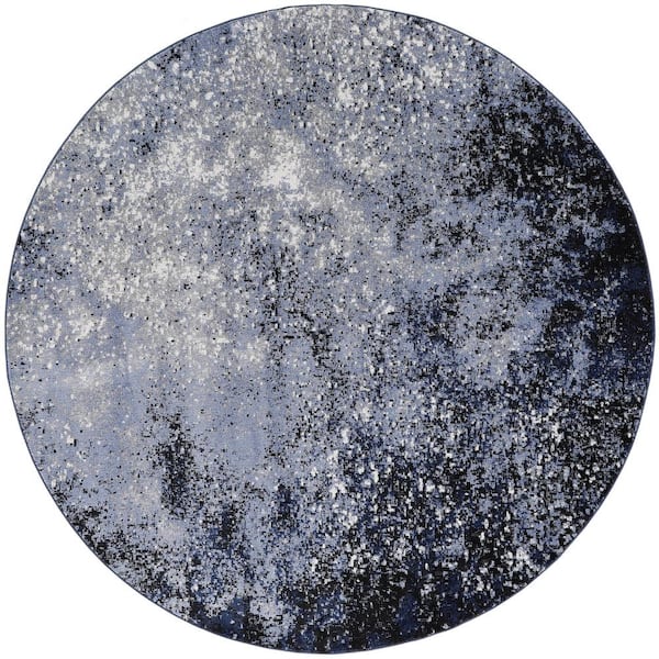 Nourison Passion Light Blue Black 8 ft. x 8 ft. Abstract Contemporary Round Area Rug