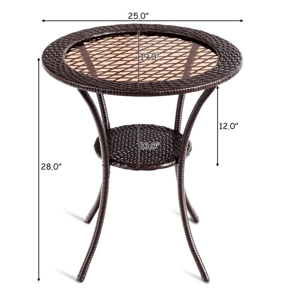 Outdoor Round Brown Rattan Wicker Coffee Table with Glass Top