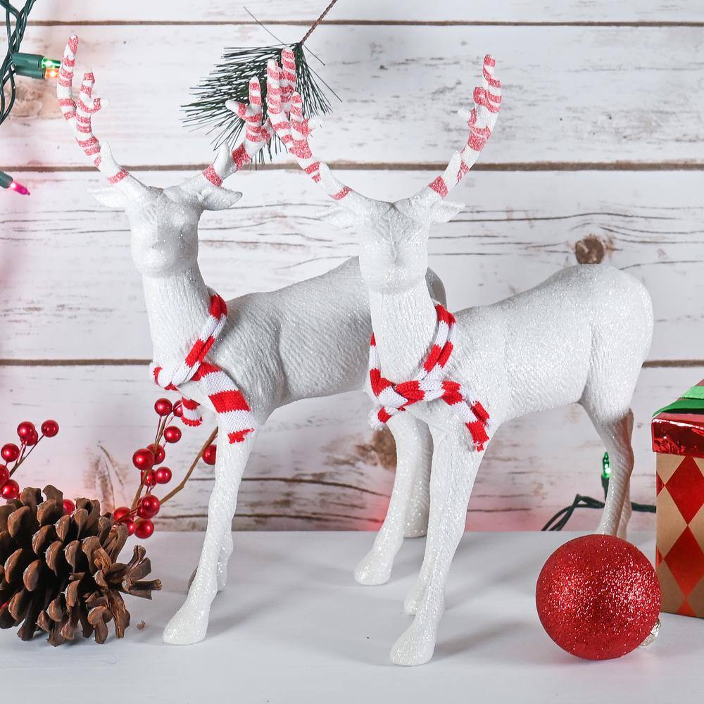 White Glitter Reindeer Figurine with Red Antlers and Scarf, 14"