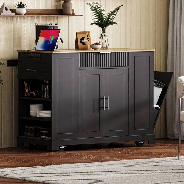 Tenleaf Black Wood 48.50 in. Rolling Kitchen Island with Trash Can