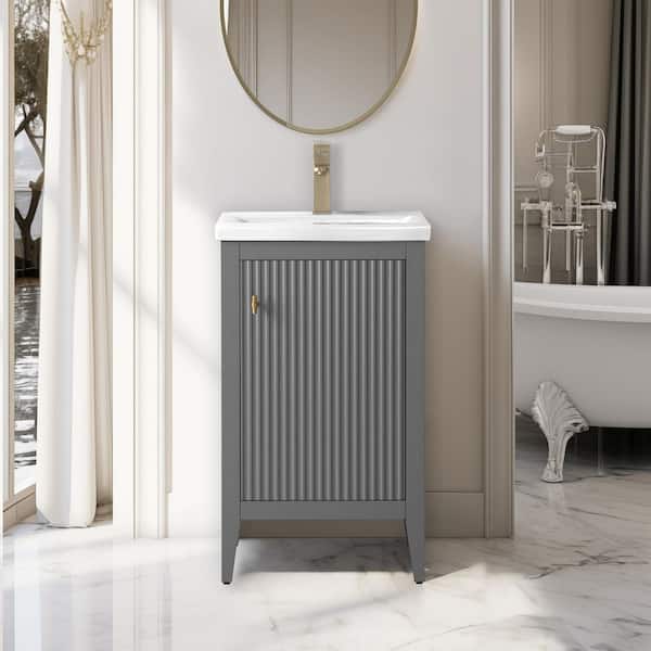 20 in. W x 15.7 in D x 34 in. H Single Sink Bath Vanity Cabinet in Linear Gray with White Ceramic Top