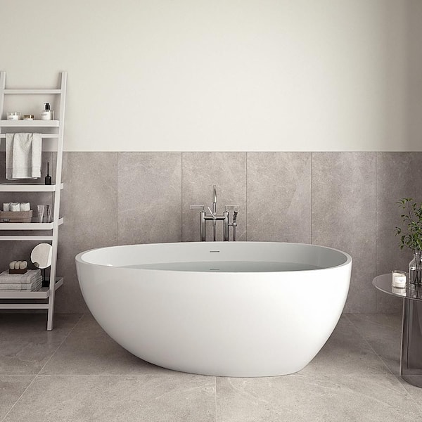 59 in. x 29 in. NS7080CH Stone Resin Freestanding Soaking Bathtub in Matte White with Polished Chrome Drain Bamboo Tray