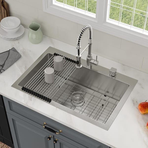 16-Guage Stainless Steel 33 in. Single Bowl Round Corner Drop-In Kitchen Sink with Strainer and Bottom Grid