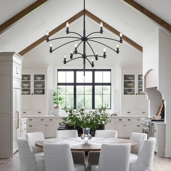 12-Light Black 2 Tiered Transitional Sputnik Chandelier for Living Room Bedroom Dining Table