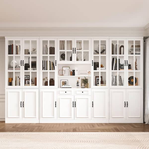 126 in. Luxurious Wall Wide White Wooden 25 Shelves Standard Bookcase, Sideboard with 8 Tempered Glass Door & 2 Drawers
