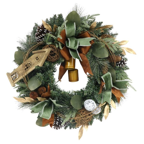 24 in. Green Unlit Artificial Christmas Wreath with Brown Decorations