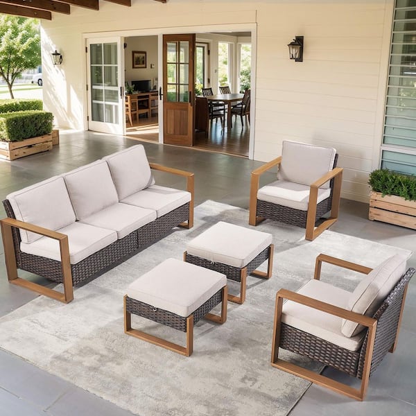 Cube Edge 5-Piece Brown Wicker Patio Conversation Set with Olefin Beige Cushions and Couch/ Porch Furniture Sets