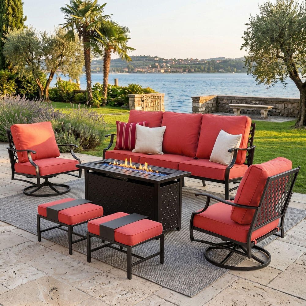PHI VILLA Black Metal Meshed 7 Seat 6-Piece Steel Outdoor Fire Pit