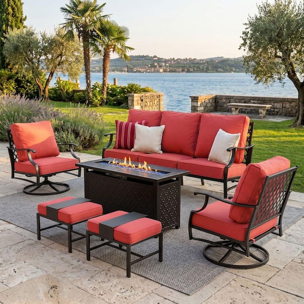 PHI VILLA Black Metal Meshed 7 Seat 6-Piece Steel Outdoor Fire Pit