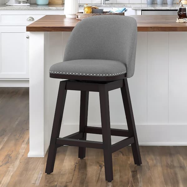 OrangeOne Meliodas 26 in. Medium Gray Fabric Upholstered Dark Brown Solid Wood Leg Counter Height Swivel Barstool Set of 1