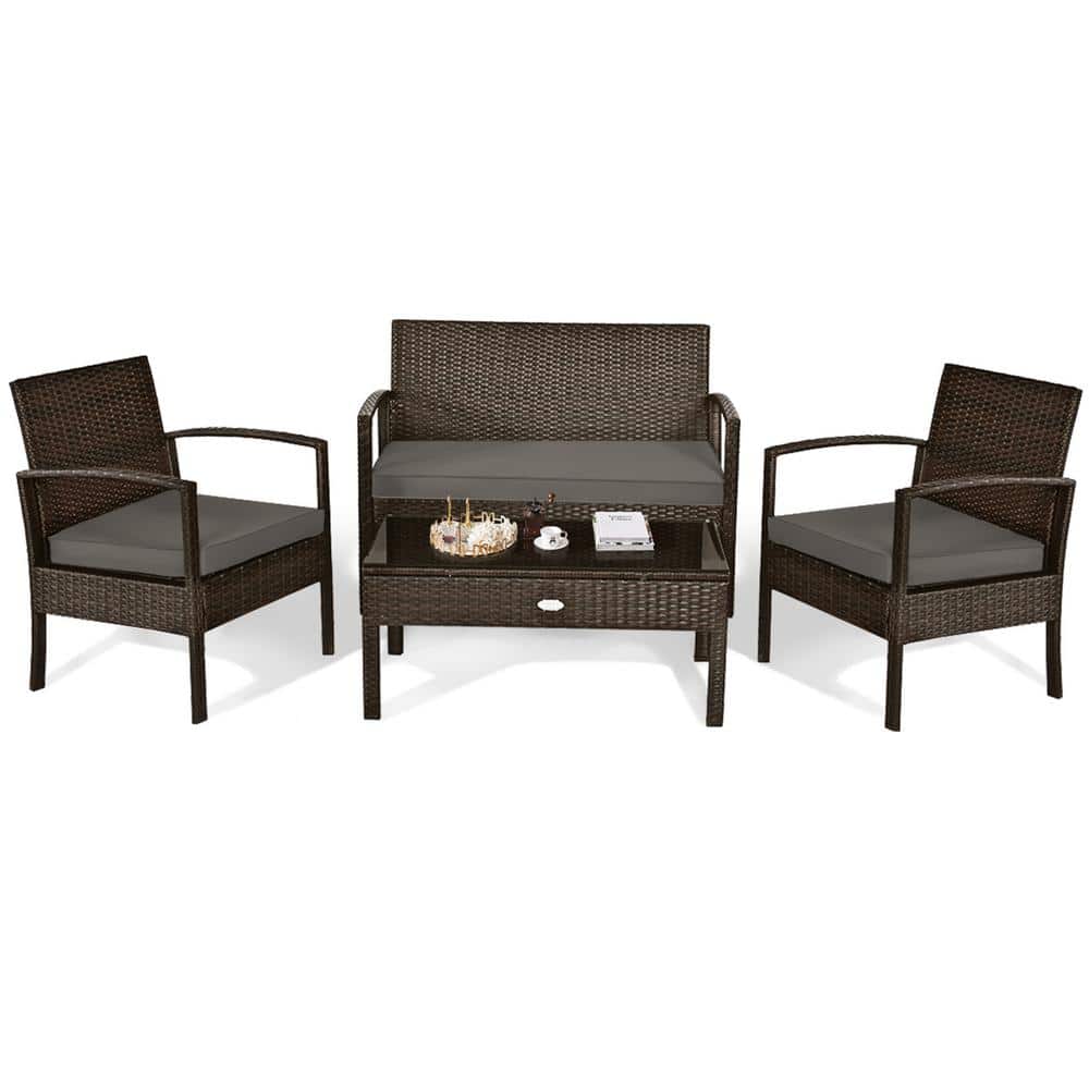 4-Pieces Rattan Wicker Patio Garden Outdoor Furniture Set with Brown Cushion price history on PriceWatchPro