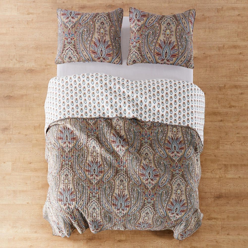 Full Blue Cotton Reversible Paisley Quilt Set