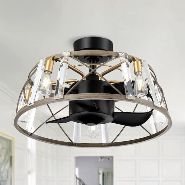 23 in. Indoor Modern Matte Black Downrod Mount Caged Crystal Fandelier Ceiling Fan with Light Kit and Remote Control