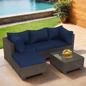 5-Piece Wicker Outdoor Patio Conversation Seating Sofa Set with Navy Blue Cushions
