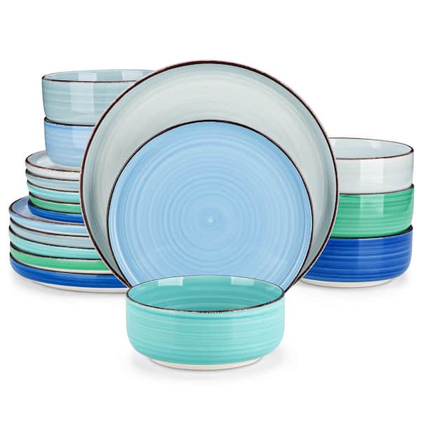 18-Piece Multi-Blue Stoneware Dinnerware Set Handpainted Swirls Bowls and Plates Tableware Set Service for 6