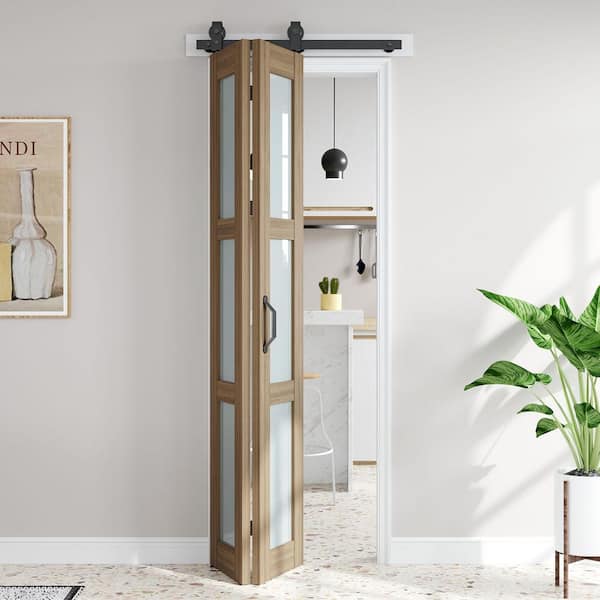 30 in. x 84 in. 3-Lite Tempered Frosted Glass Solid Core MDF Wood Brown Finished Bi-Fold Door with Hardware