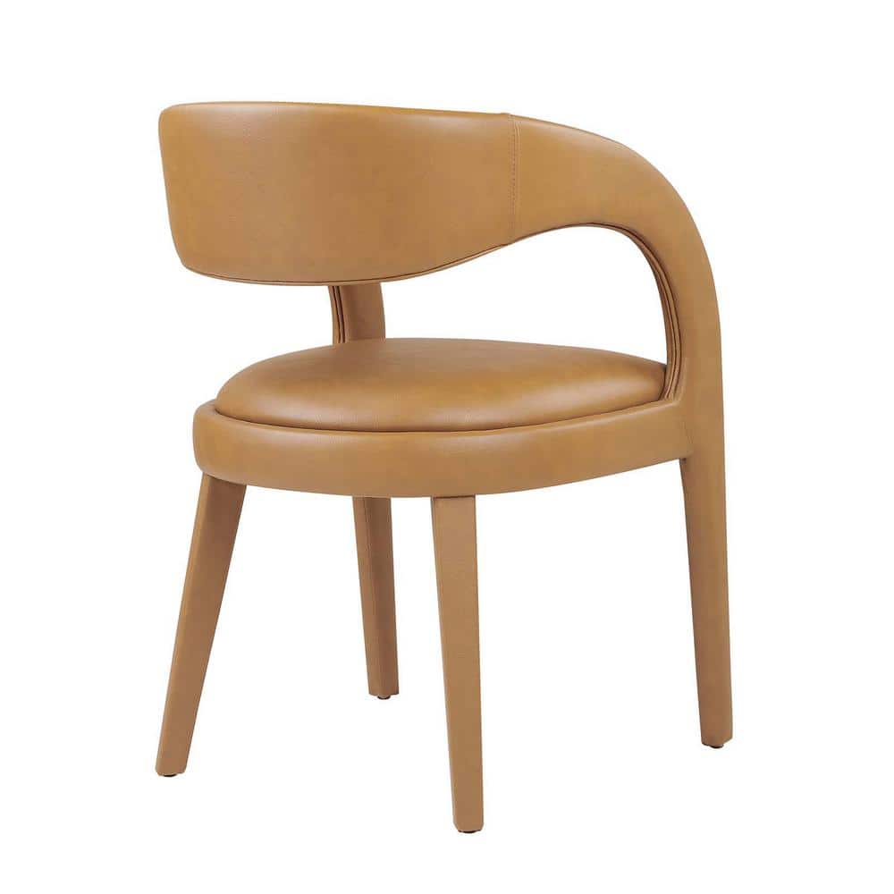 Tan Vegan Leather Low Arm Chair with Wood Legs