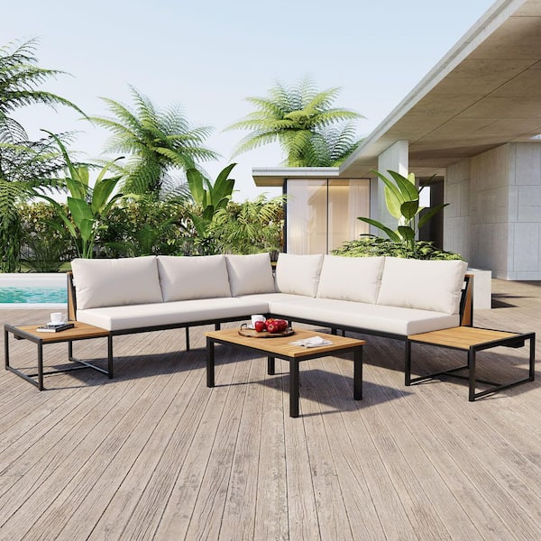 4-Piece Metal Patio Conversation Set with Beige Cushions
