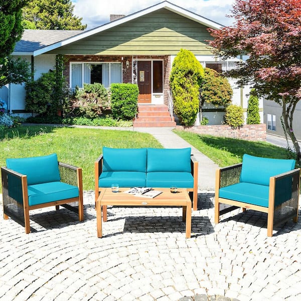 SUNRINX 4-Piece Acacia Wood Patio Conversation Set with Turquoise Cushion