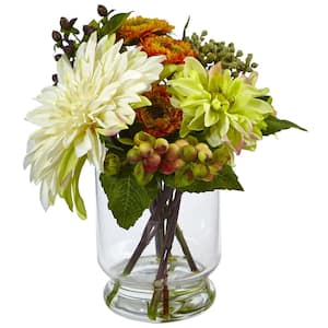 10.5 in. Artificial Mixed Dahlia and Mum with Glass Vase