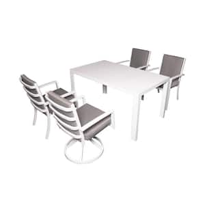 Patio Dining Set, 5-Piece Aluminum Outdoor Dining Set with White Cushion and 57-inch Table + 2 Armchair, 2 Swivel Chair