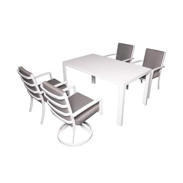 PATIOPTION Patio Dining Set, 5-Piece Aluminum Outdoor Dining Set with White Cushion and 57-inch Table + 2 Armchair, 2 Swivel Chair