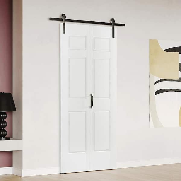 30 in. x 84 in. Bi-Fold 6-Panel White MDF Pre-Drilled Sliding Barn Door with Hardware Kit Set