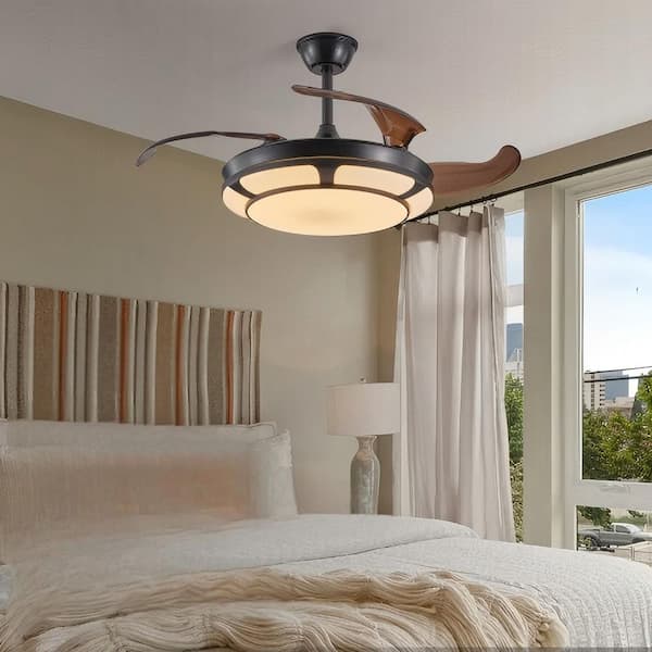 42 in. Indoor Black Downrod Mount Standard Ceiling Fans with LED Light, 4 ABS Retractable Blades and Remote Control