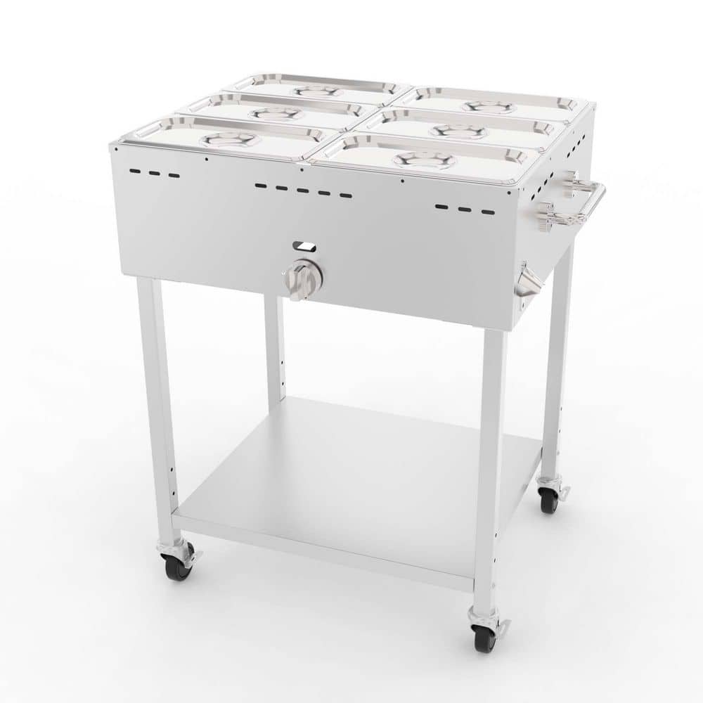 6-Pan Stainless Steel Propane Food Warmer, Specialty Flatware with 3 in. Lockable Wheels, Metal Push Handle