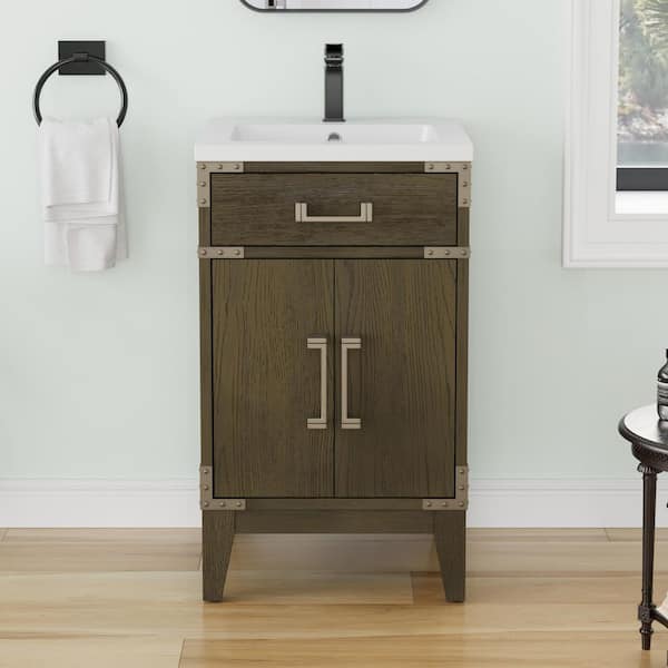 20 in. W Wood Intergral Single Sink Freestanding Gray Vintage Bath Vanity with White Resin Top, Assembled