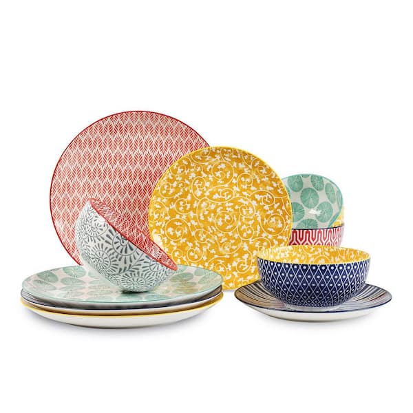12-Piece Ceramic Dinnerware Sets, Scratch Resistant Dishes set for 4, Dishwasher and Microwave Safe, Colourful