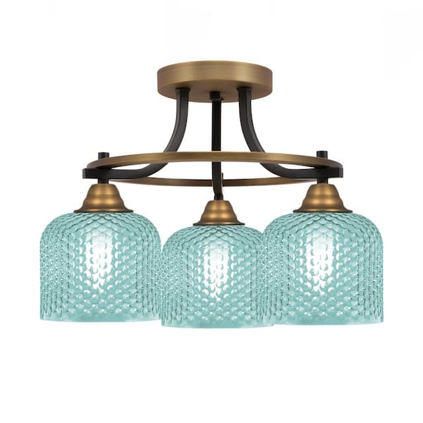 Madison 14 in. 3- Light Matte Black and Brass Semi Flush Mount with 6 in. Turquoise Glass Shades No bulbs included