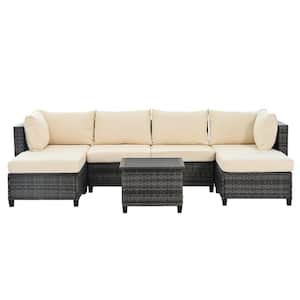 7-Piece Wicker Patio Conversation Set with Beige Cushions and Coffee Table
