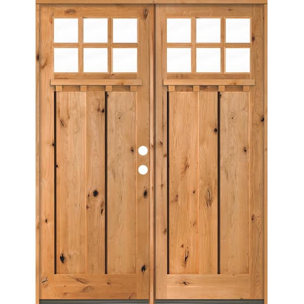 Krosswood Doors 72 in. x 96 in. Craftsman Knotty Alder 6-Lite Clear Stain Wood/Dentil Shelf Left Active Double Prehung Front Door