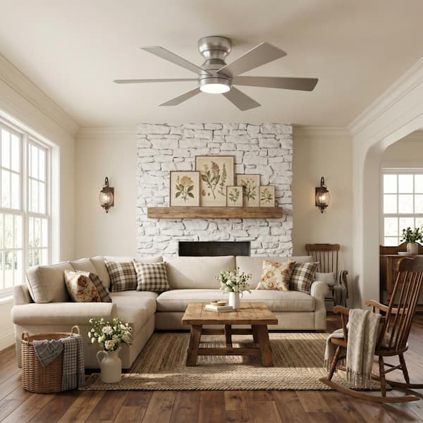 46 in. LED Indoor Flush Mount Nickel Ceiling Fan with Remote Control and Dimmable Light