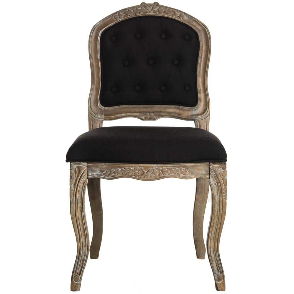Elegant Black Linen & Rustic Oak French Leg Dining Chair, Set of 2