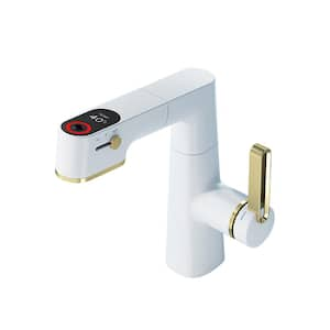 Single Handle Single Hole Bathroom Faucet with Pull-out Spray, Adjustable Height, Temperature Display Function in White