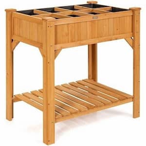 35.5 in Natural Fir Wood 8 Grids Elevated Garden Planter Box Kit with Liner and Shelf