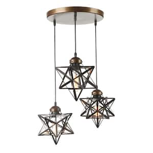 12 in. 3-Light Brown Antique Moravian Star Shaded Pendant Light with Metal Glass Shade, No Bulbs Included