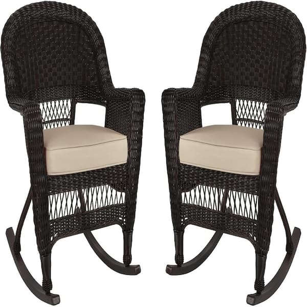 Espresso Wicker Outdoor Rocking Chair with Tan Cushion, Set of 2, Functional Outdoor Seating
