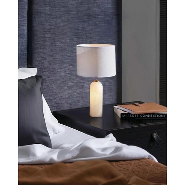 Beacon Lighting Firma 16 in. Table Lamp in Alabaster with White Linen Shade
