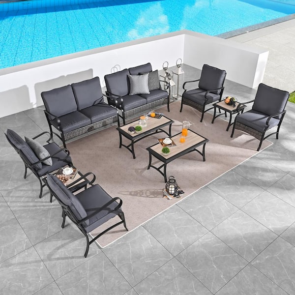 Patio Festival 10-Piece Metal Patio Conversation Set with Dark Gray Cushions
