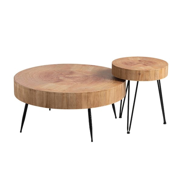 FUIN Modern Farmhouse 31.5 in. Natural Finish Round Wood Living Room Coffee Table Set