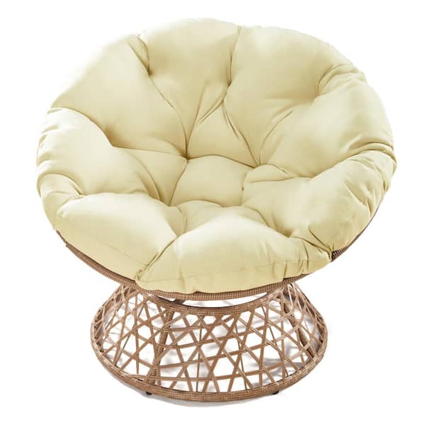 JUJABU Outdoor Wicker Patio Swivel Papasan Lounge Chair with Beige Cushion