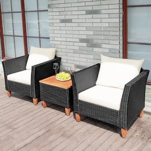 Black 3-Piece Rattan Outdoor Sectional Set with White Cushions